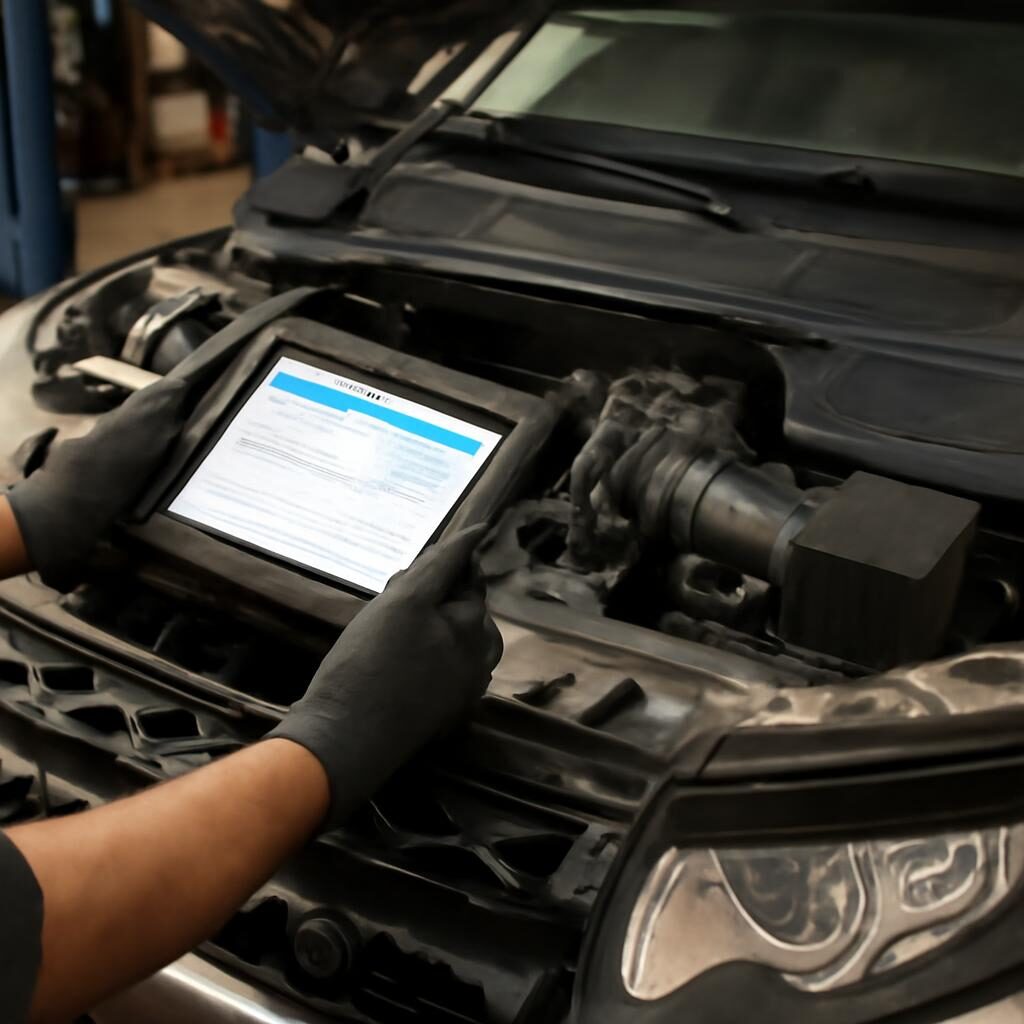 Moteur Range Rover Evoque ouvert avec tablette de diagnostic