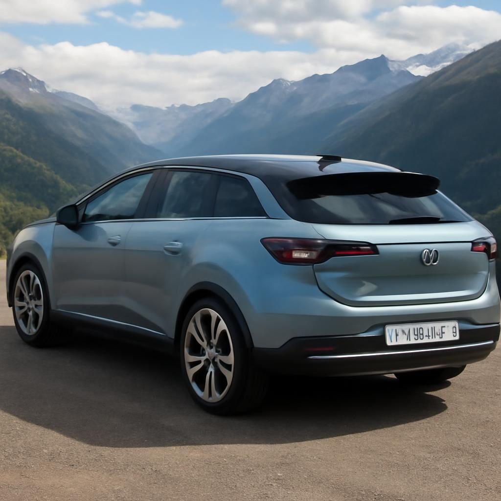 Renault Symbioz 2025 vue arrière trois quarts en montagne