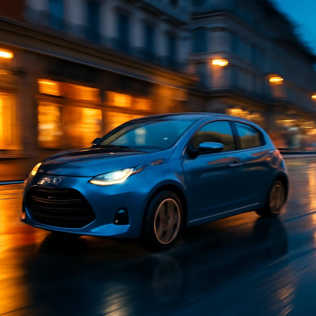 Toyota Yaris la nuit en ville — phares LED et reflets sur asphalte mouillé