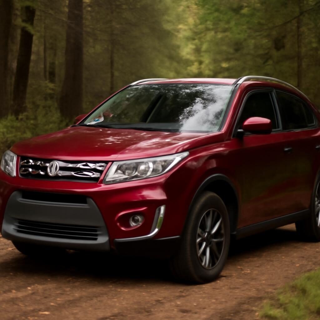 Suzuki Vitara avis SUV compact rouge sur piste forestière