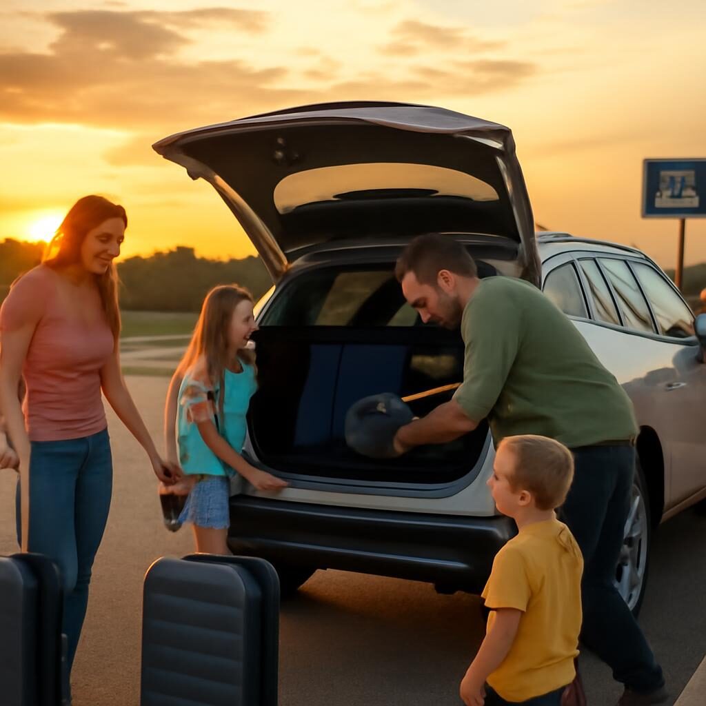 SUV hybride Dacia avec famille en station service au coucher de soleil