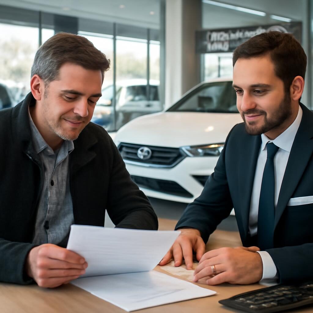 Client signant les documents d'achat dans une concession