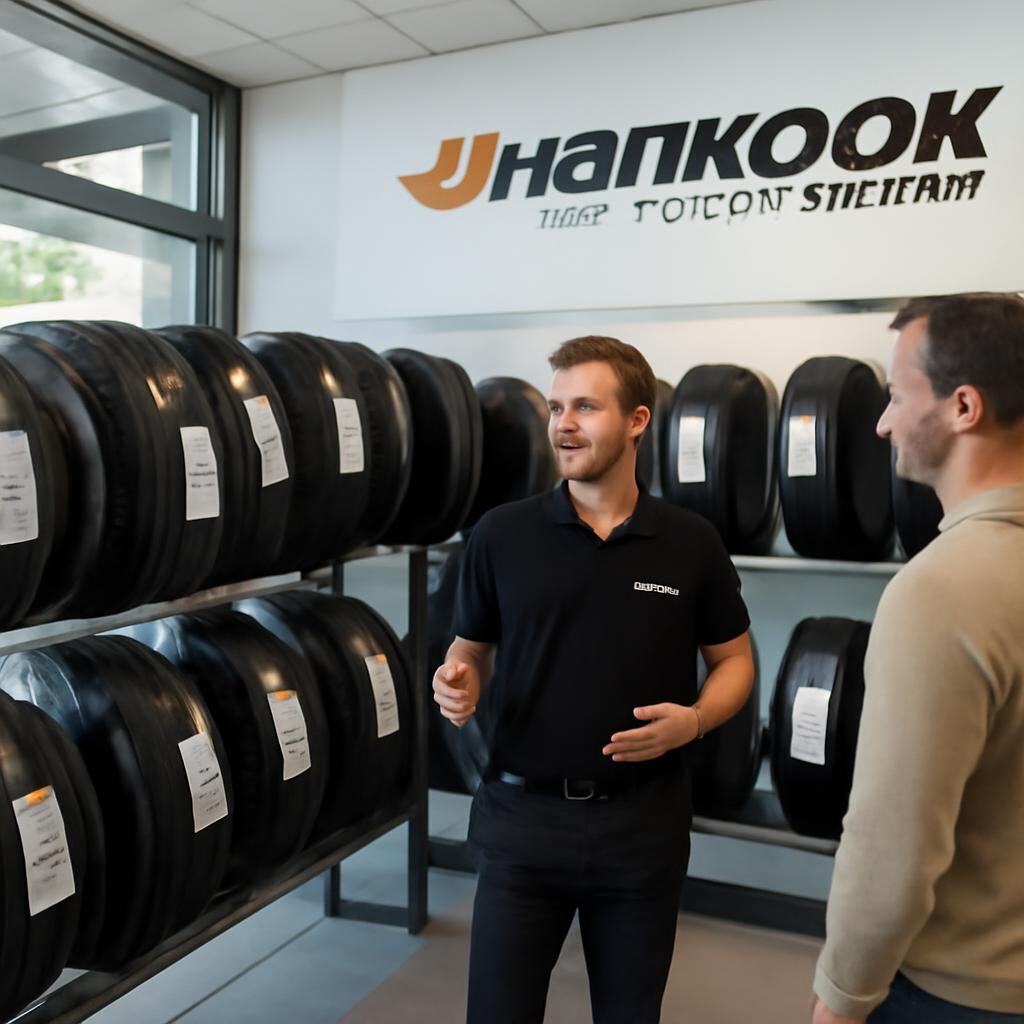 Présentation des pneus Hankook en boutique avec vendeur