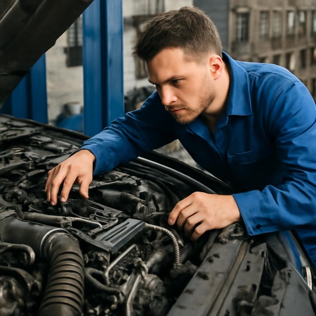 Mécanicien contrôlant un moteur diesel SUV en atelier