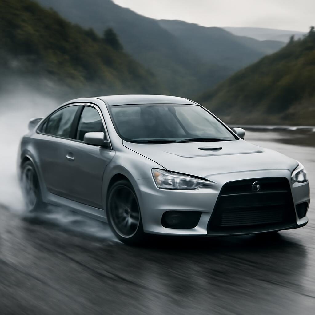 Mitsubishi Lancer Evolution en drift sur asphalte mouillé