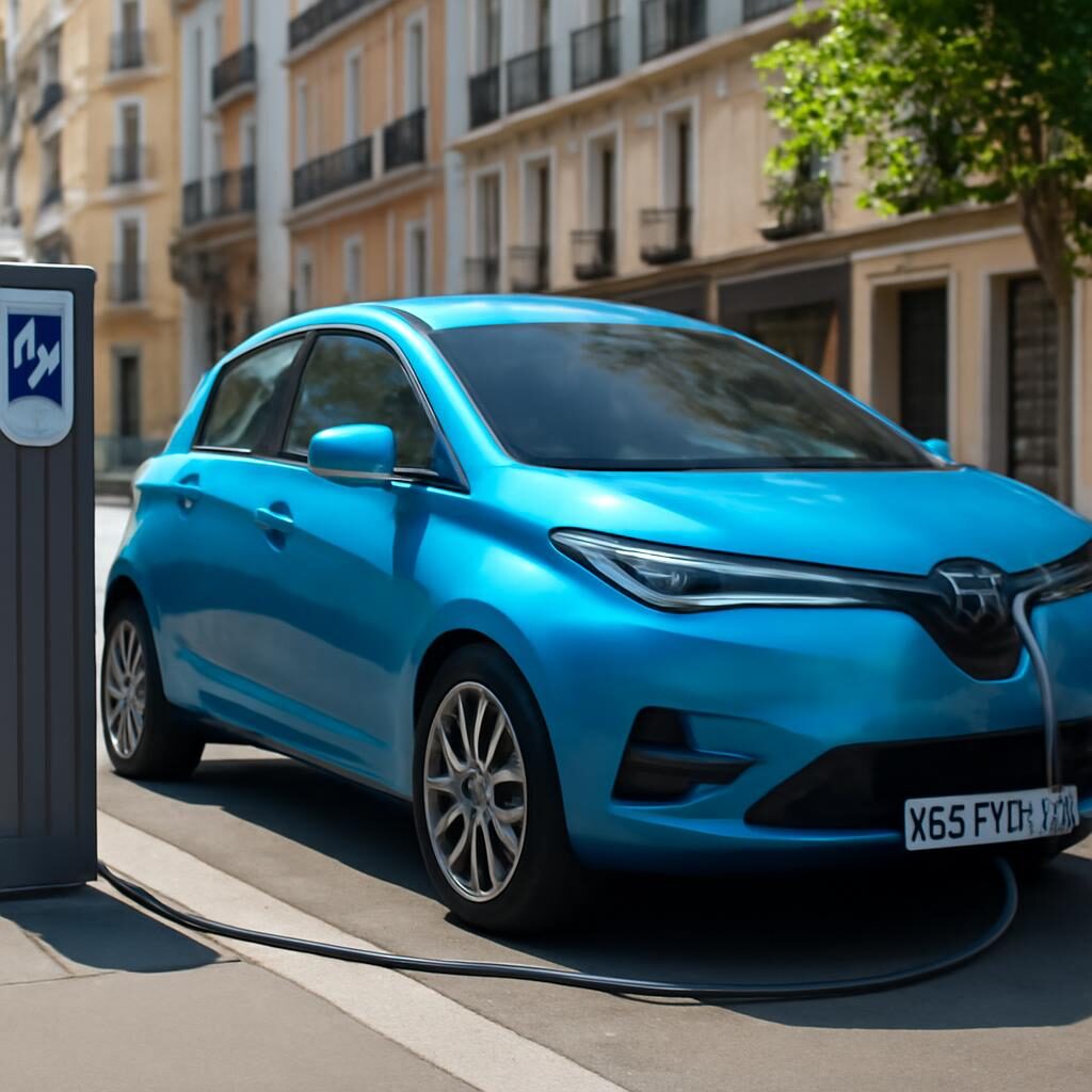 Renault ZOE électrique branchée à une borne de recharge en ville