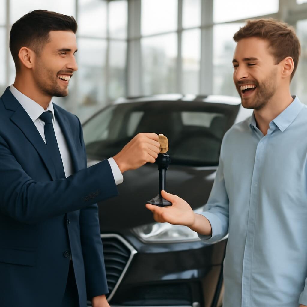 Client recevant les cles d une voiture d occasion premium chez Vente Auto Prestige